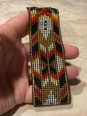 Handmade Beaded Cuff Bracelet in Black, Gold, White, Red & Yellow